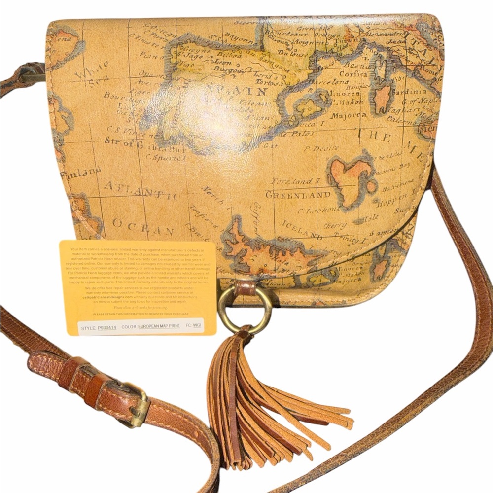Leather Crossbody Bag with Map Print and Tassel - Tan